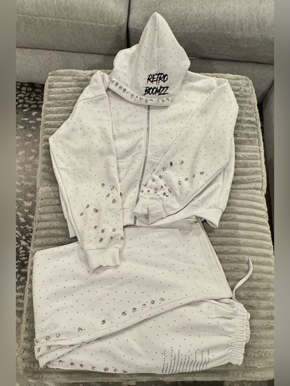 RETRO BOOMZZ White Crystal-Embellished Zip Hoodie and pants